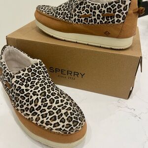 Sperry Leopard-Print Slip-On Sneakers in Tan & Cream